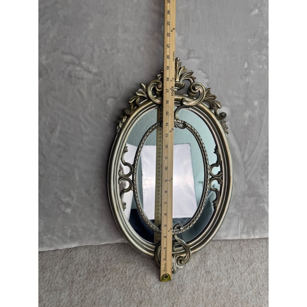 Vintage Ornate Oval Mirror Antique Silver Italy Baroque Scrollwork 18.5x11.5 - Picture 2 of 7